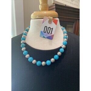 SS6)  Milor Italian Stainless Large Aqua Bead Necklace turquoise & silver 19”